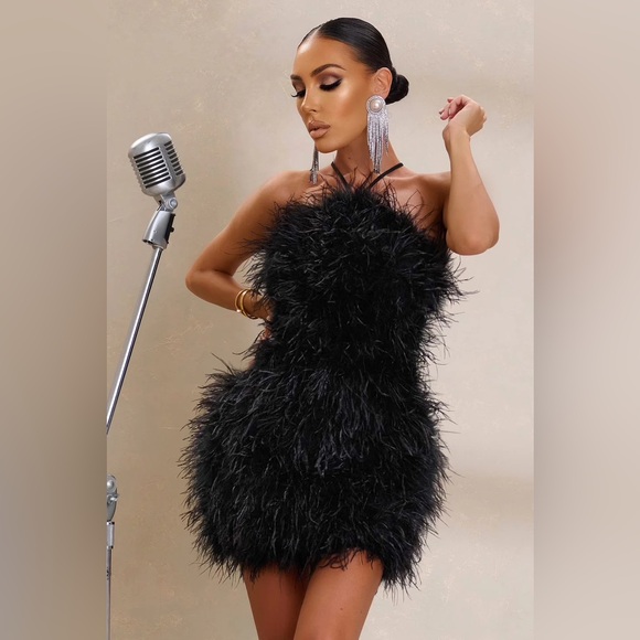 Club L London Dresses & Skirts - Club L London Power Up Black Feather Halter Neck Mini Dress